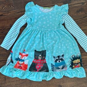 Kids Winter Animal Print Dress - teal